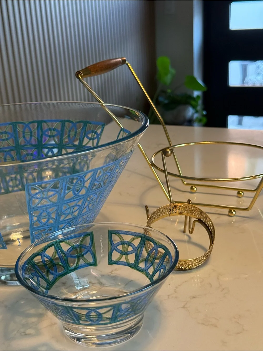 Vintage MCM Pasinski Complete Blue & Green/Gold Chip & Dip Snack Bowl Set